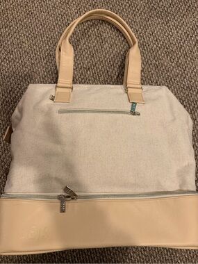 Beis Canvas and Faux Leather Travel Tote Bag Mini Size in Beige with Gold Trim!